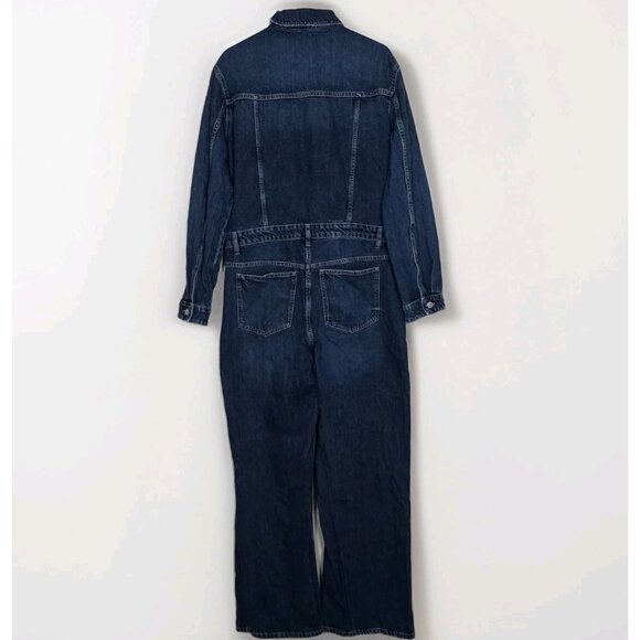 Zara Denim Jumpsuit Women XL Blue LS Button Front Zip Fly Distressed Grunge Boho - Picture 15 of 15